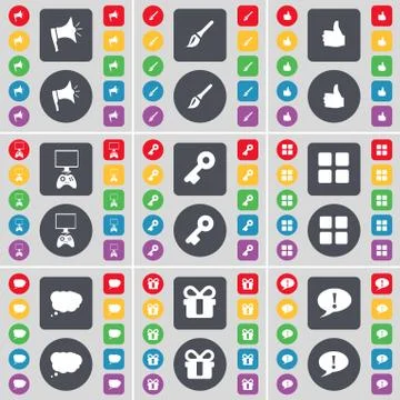 Megaphone, Brush, Like, Game console, Key, Apps, Chat cloud, Gift, Chat bubble i Stock Illustration