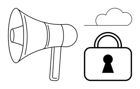 Megaphone, Cloud, and Padlock Highlighting Themes of Communication, Securit.. Stock Illustration