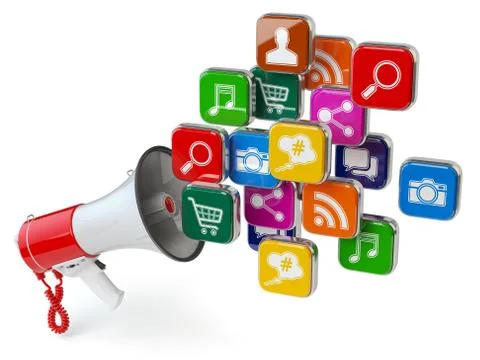 Megaphone with cloud of application icons. Digital marketing concept. Stock Illustration