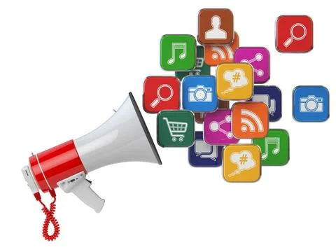 Megaphone with cloud of application icons. Digital marketing concept. Mega... Stock Photos