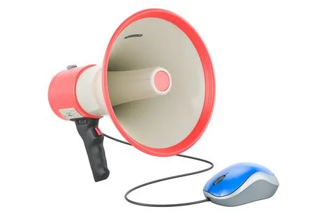 Megaphone with computer mouse. 3D rendering Illustrazione stock