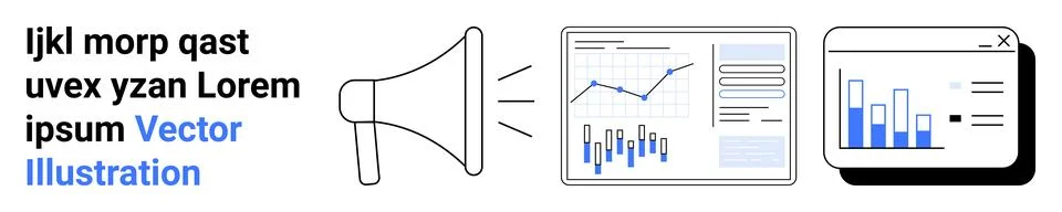 Megaphone, data charts, and graphs representing marketing analytics, communic イラスト素材