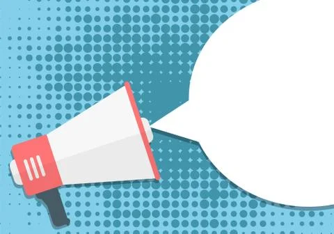 Megaphone with empty peech bubble on blue pop art comic style background. Lou Stock Illustration