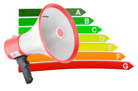 Megaphone with energy efficiency chart, 3D rendering Stockillustratie