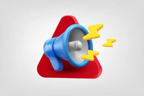 Megaphone with flashes on red triangle. Vector 3d application icon Stock Illustration
