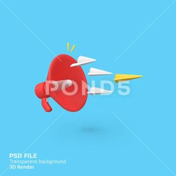 Megaphone with Flying Paper Planes isolated 3d render icon illustration PSD Template