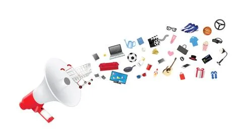 Megaphone with general shopping objects Stock Illustration