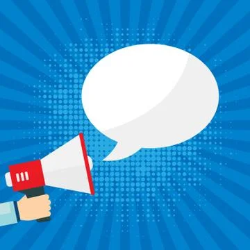 Megaphone in hand with text bubble on sunburst background. Vector EPS 10 Stock Illustration