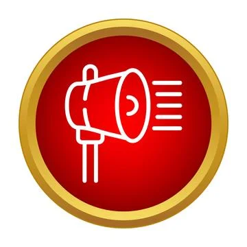 Megaphone icon broadcasting sound waves from a red circle with golden border Stock Illustration