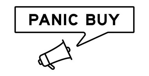 Megaphone icon with speech bubble in word panic buy on white background 스톡 일러스트