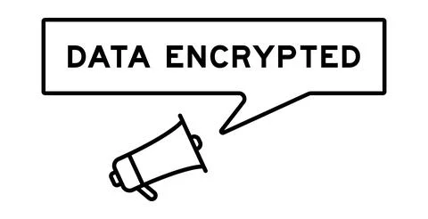 Megaphone icon with speech bubble in word data encrypted on white background Stock Illustration