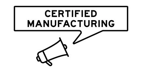 Megaphone icon with speech bubble in word certified manufacturing on white .. Illustrazione stock