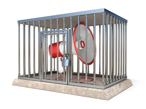 Megaphone inside metal cage 3D render illustration on white background Meg... Stock Photos