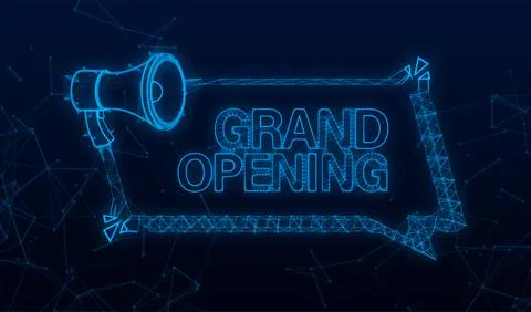 Megaphone label with Plexus grand opening. Megaphone banner. Web design. Vector 스톡 일러스트