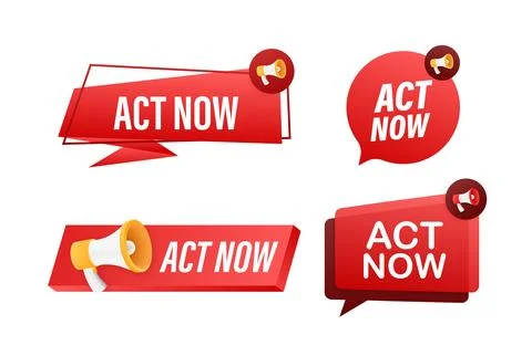 Megaphone label set with text Act now. Megaphone in hand promotion banner Illustrazione stock