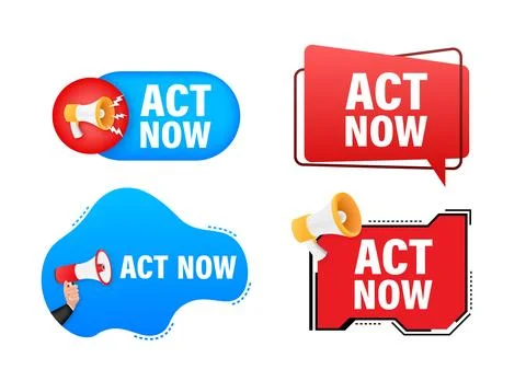 Megaphone label set with text Act now. Megaphone in hand promotion banner イラスト素材