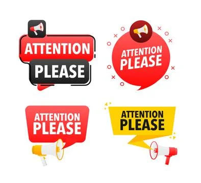 Megaphone label set with text attention please. Attention please announcement Иллюстрация