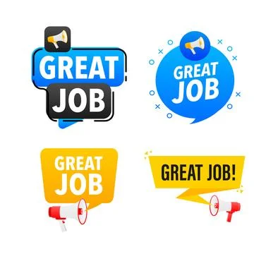 Megaphone label set with text great job. Great job out announcement banner Иллюстрация