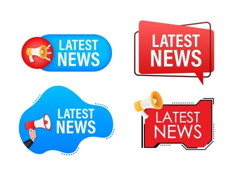 Megaphone label set with text Latest news. Megaphone in hand promotion banner Illustrazione stock