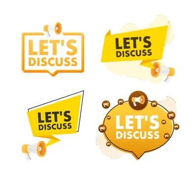 Megaphone label set with text lets discuss. Megaphone in hand promotion banner Stock Illustration