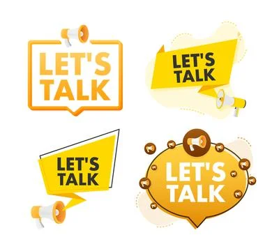 Megaphone label set with text Lets talk. Megaphone in hand promotion banner Stock Illustration