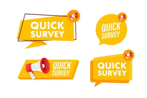 Megaphone label set with text quick survey. Megaphone in hand promotion banner Stock Illustration