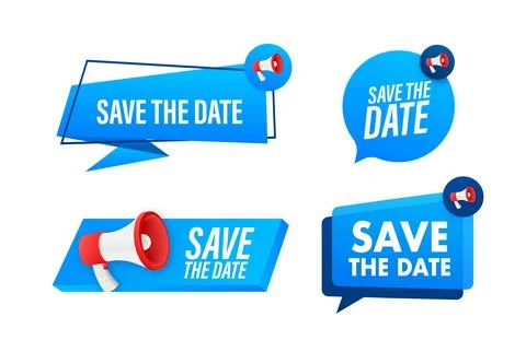 Megaphone label set with text save the date. Megaphone in hand promotion banner Stock Illustration