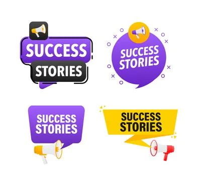 Megaphone label set with text success stories. Success stories announcement Stockillustratie