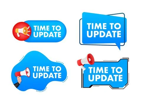 Megaphone label set with text time to update. Megaphone in hand promotion banner Illustrazione stock