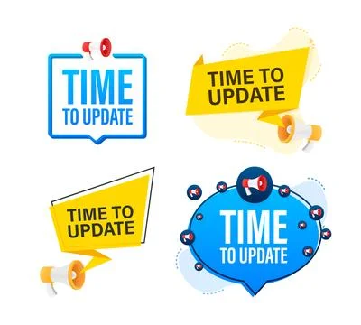 Megaphone label set with text time to update. Megaphone in hand promotion banner Illustrazione stock