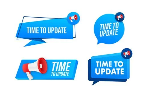 Megaphone label set with text time to update. Megaphone in hand promotion banner Illustration