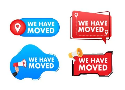 Megaphone label set with text we have moved. Megaphone in hand promotion banner 스톡 일러스트
