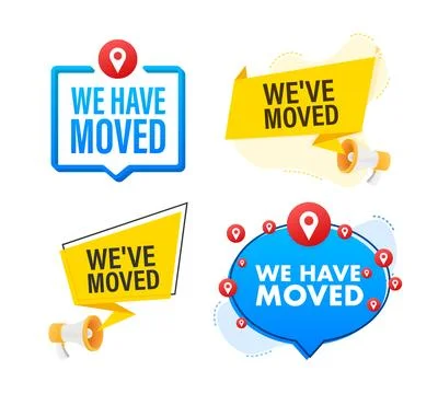 Megaphone label set with text we have moved. Megaphone in hand promotion banner Stock Illustration