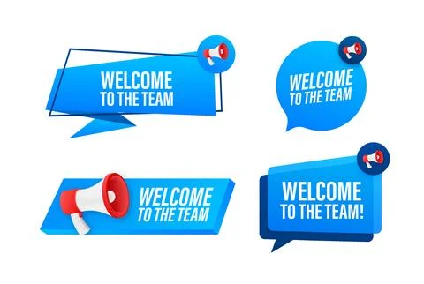Megaphone label set with text Welcome to the team. Megaphone in hand promotion Stock-Illustration