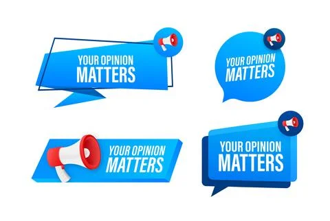 Megaphone label set with text your opinion matters. Megaphone in hand promotion Ilustração Stock