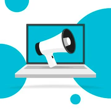 Megaphone on Laptop notebook computer screen. Color circle background. Empty  イラスト素材