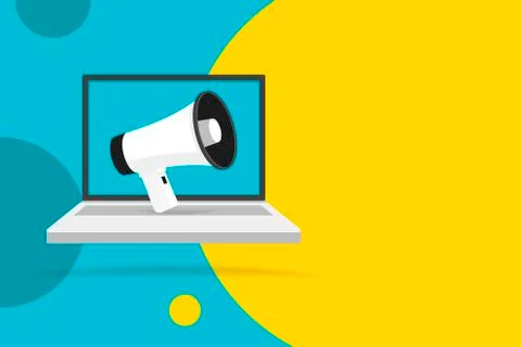 Megaphone on Laptop notebook computer screen. Color circle background. Empty  库存插图