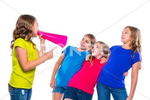 Megaphone leader kid girl shouting friends Stock Photos