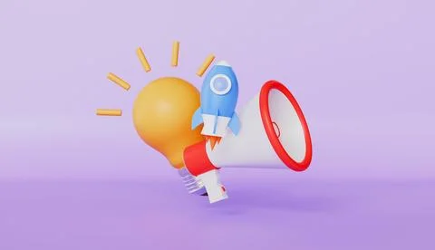Megaphone with Light bulb, Rocket, Progress and rapid development Stock Illustration