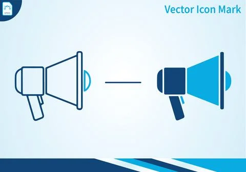 Megaphone line and flat icon set on blue gradient backdrop. Stock Illustration