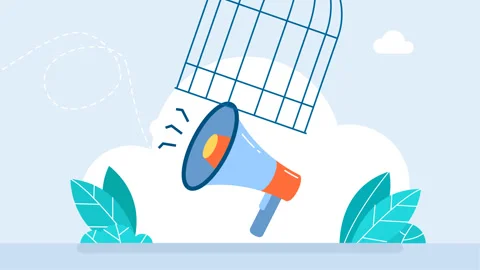 Megaphone locked inside prison and isolated. Megaphone in a closed bird cage Stock Footage 277621384