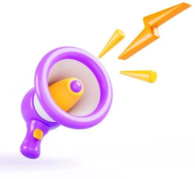 Megaphone, loudspeaker with lightning flash 3d render icon. Purple loud speaker Stock Illustration