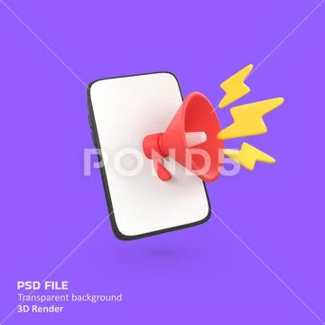 Megaphone loudspeaker with mobile phone warning isolated 3d render icon ill.. PSD 템플릿