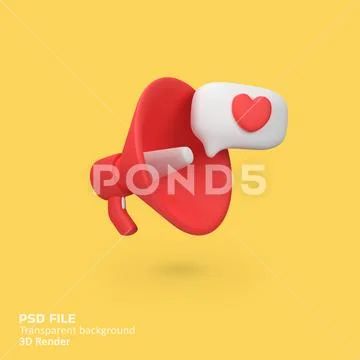 Megaphone with love notification isolated 3d render icon illustration PSD Template