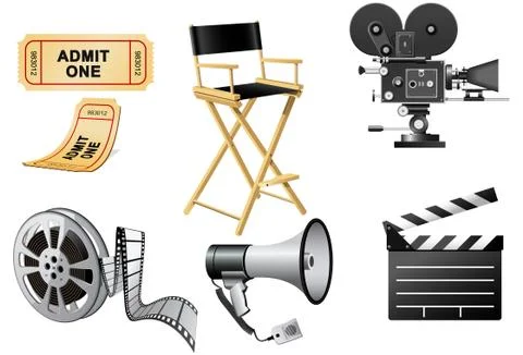 Megaphone, movie camera and film slate Stock Illustration