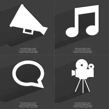 Megaphone, Note, Chat bubble, Film camera icon sign. Set of Symbols with Flat 库存插图