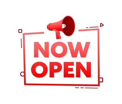Megaphone with Now open speech bubble banner. Promotion and advertising label Иллюстрация