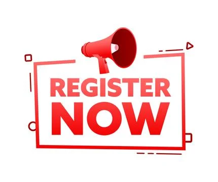 Megaphone with Now register speech bubble banner. Promotion and advertising Illustrazione stock