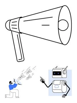 Megaphone with Person Using Tool and Robot Pointing Up Stockillustratie