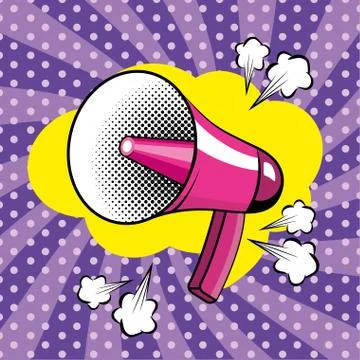 Megaphone pop art patch with clouds design Illustrazione stock